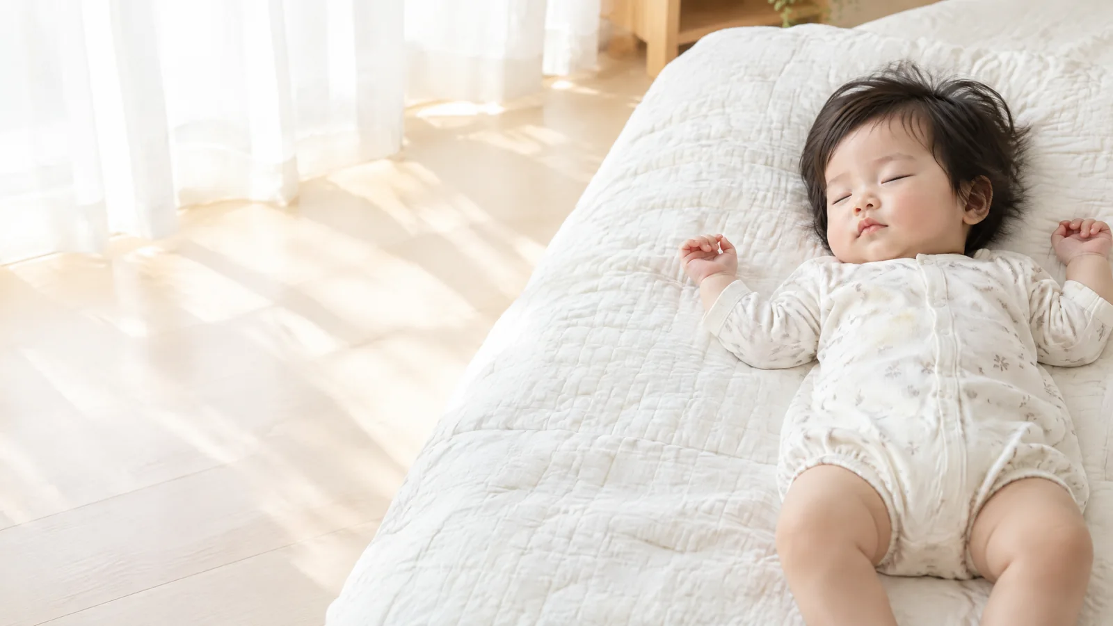 朝の光のなかで眠る女の子の赤ちゃん